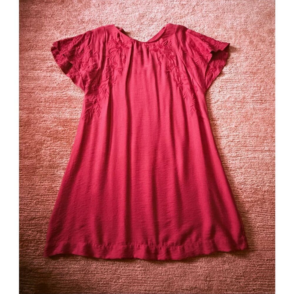 LOFT Red Embroidered Shift Dress Size S Open Back Cross Strap